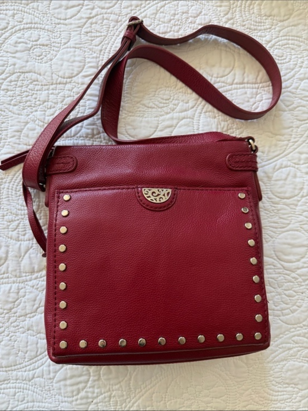 Brighton Deep Red Leather Studded Crossbody
